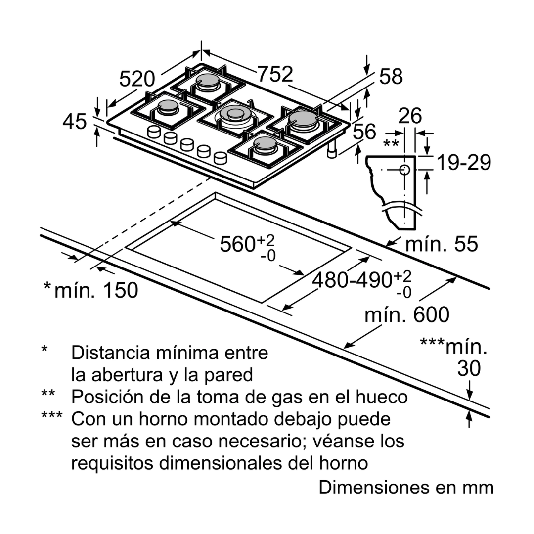 COMBO ANAFE A GAS 75CM SERIE 6 (PPQ7A6B90) + HORNO ELÉCTRICO SERIE 4 (HRA512ES0)