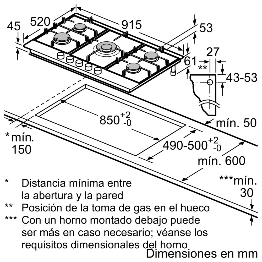 ANAFE A GAS BOSCH 90CM 5 HORNALLAS INOX (PCR9A5B90)