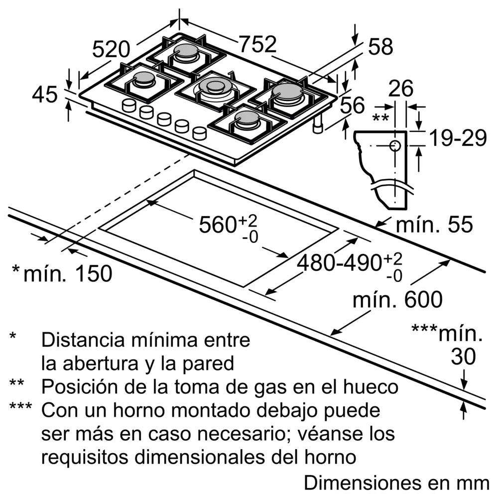 ANAFE A GAS BOSCH 90CM 5 HORNALLAS INOX (PCR9A5B90)
