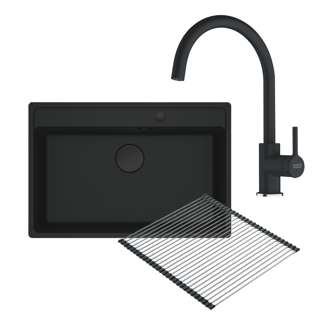 Combo Bacha Negra 76 cm x 51 cm + Grifería Lina Black + Roll Mat