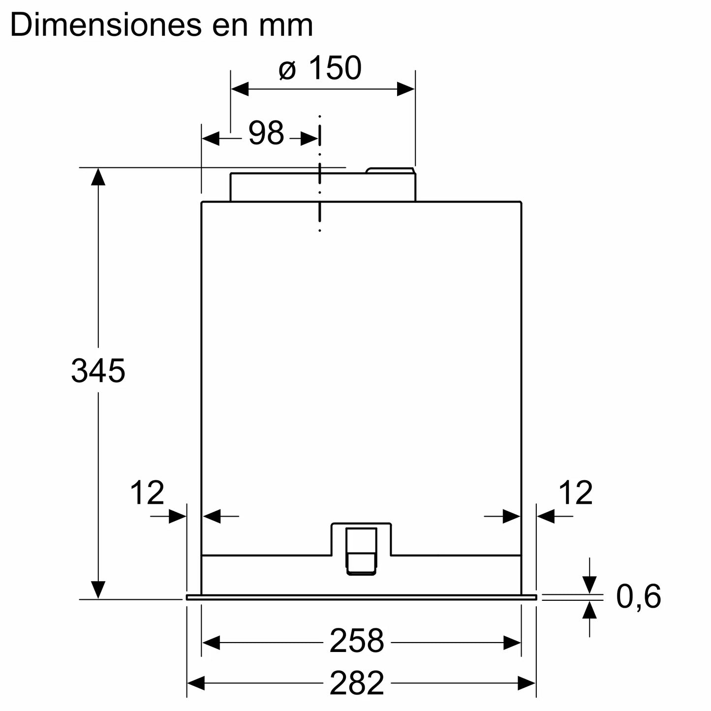 Vista lateral técnica con dimensiones de la campana Bosch DLN88PC60