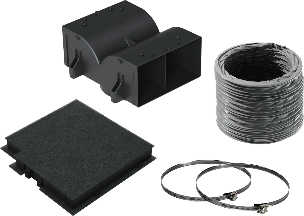 Set de recirculación estándar Bosch DWZ0DX0U0 para campanas decorativas DWB96BC50 y DWB66BC50, filtro carbón activo y manguera flexible