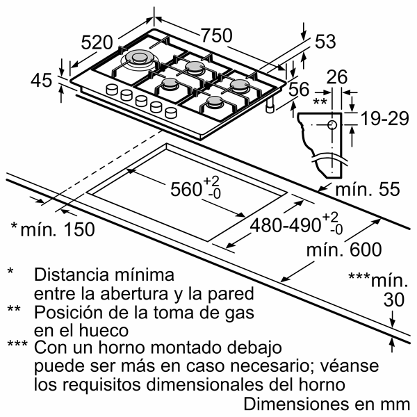 Anafe de gas Bosch 5 hornallas 75 cm Acero Inoxidable PCS7A5B90