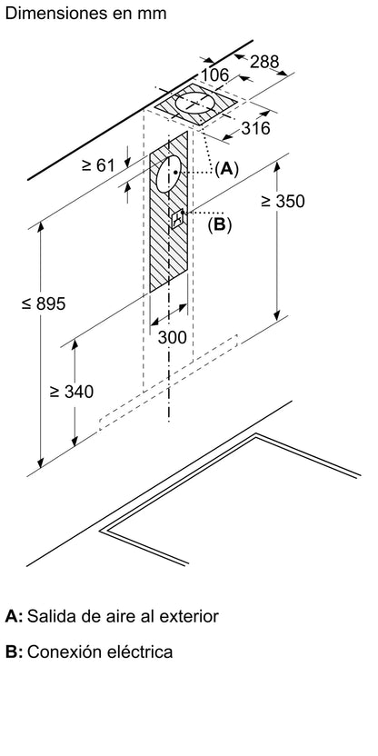 Esquema de salida de aire y toma eléctrica de la campana Bosch DWB95CC60