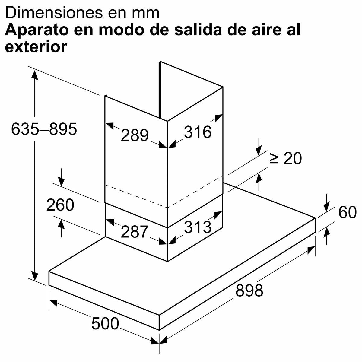 Plano de medidas 90 cm salida al exterior de la campana Bosch DWB95CC60