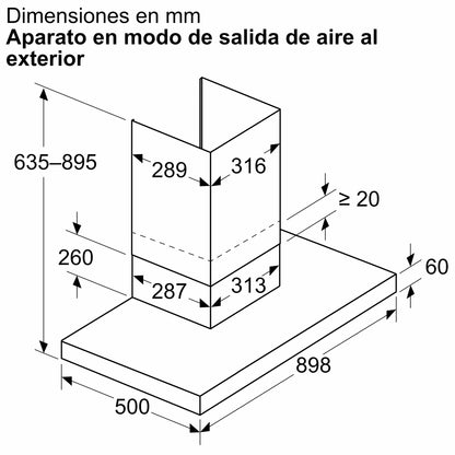 Plano de medidas 90 cm salida al exterior de la campana Bosch DWB95CC60