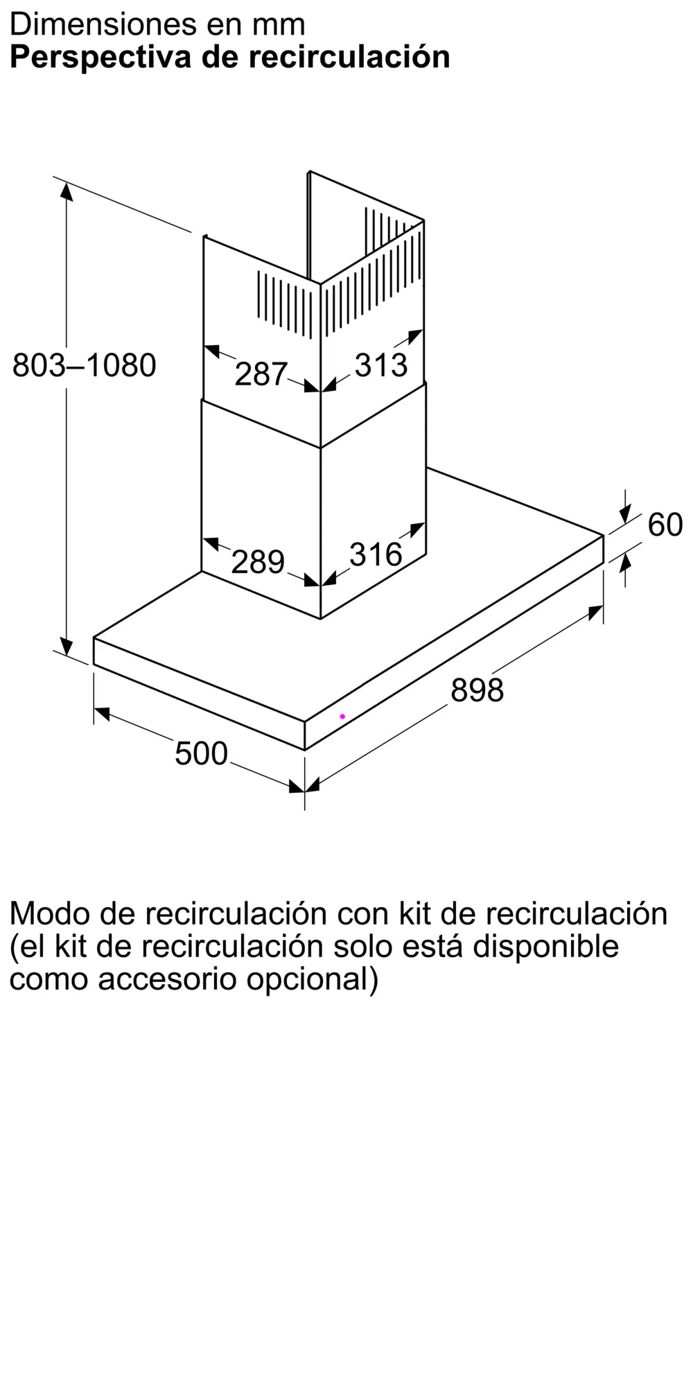 Plano de medidas 90 cm en recirculación con chimenea de la campana Bosch DWB95CC60