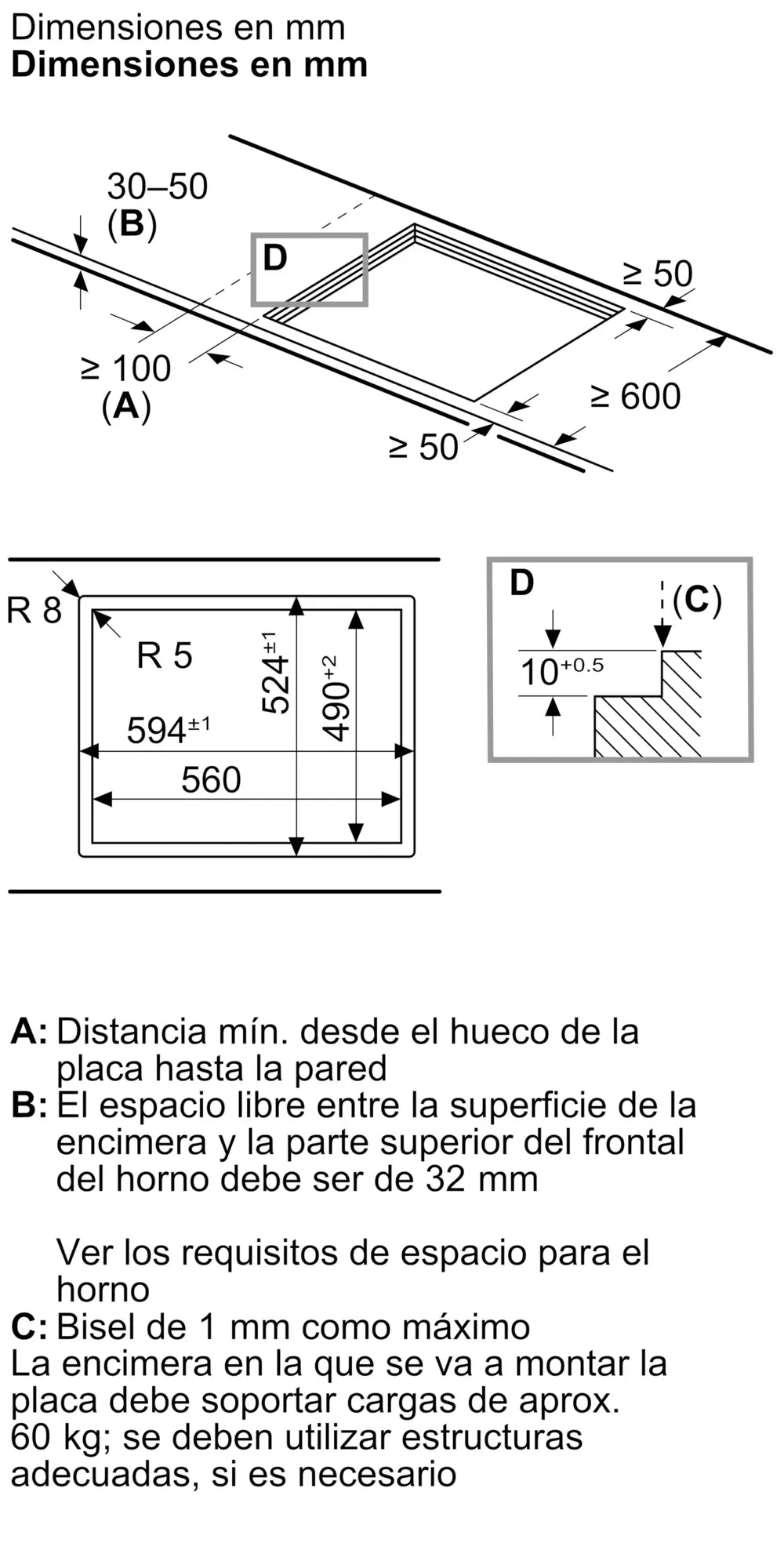 Anafe Bosch PPP6A6I10 esquema de instalación a ras