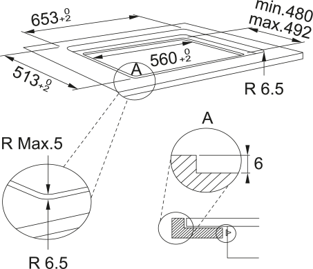 Plano de medidas y encastre anafe Franke FSM 654 I BK