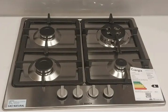 Anafe a Gas Bosch PGH6B5K90 Serie 4 | 4 Hornallas Acero Inox 60cm con Quemador Wok
