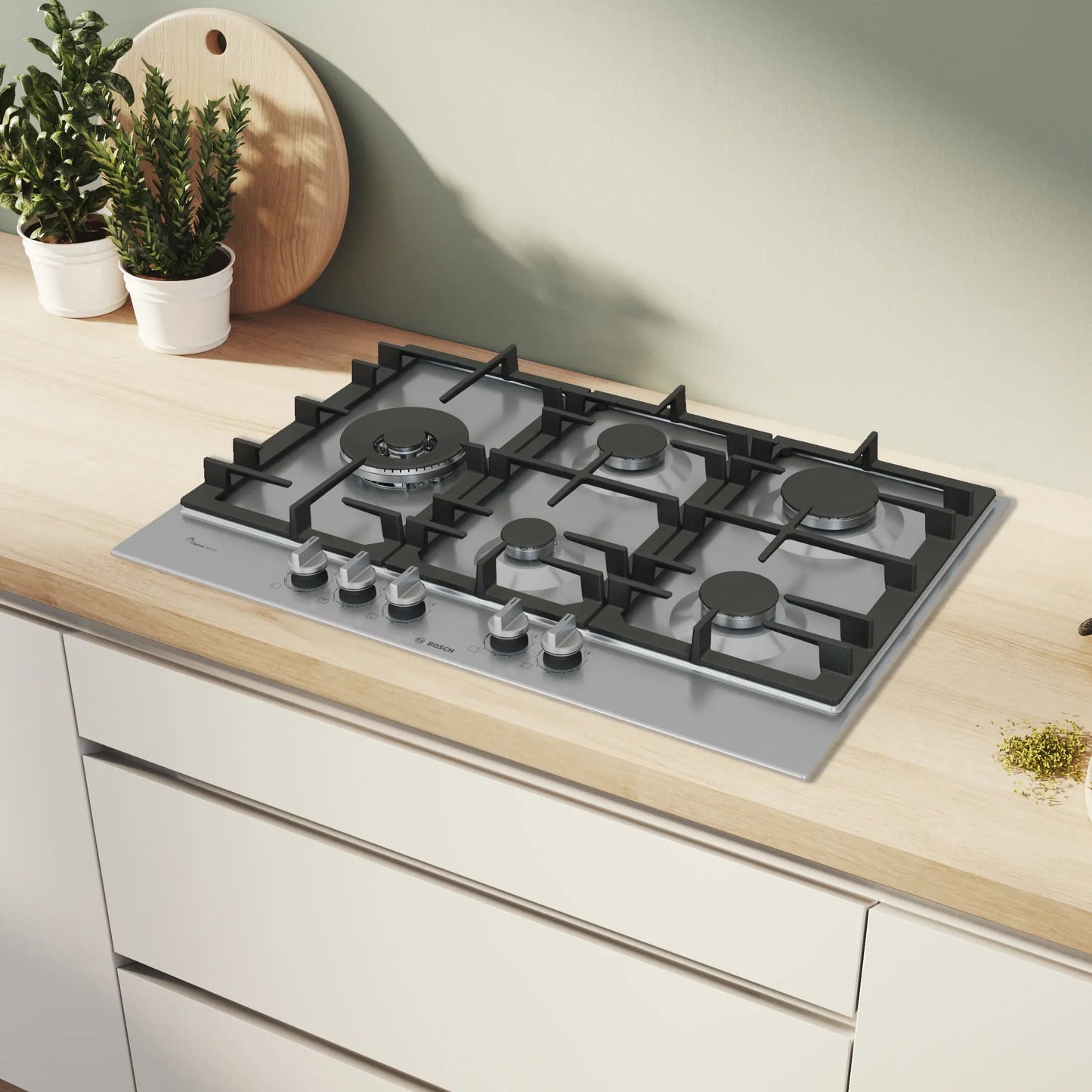 Anafe a Gas Bosch PCS7A5I90 75cm | FlameSelect 5 Hornallas Acero Inox