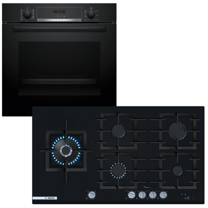 Horno pirolítico Bosch negro empotrado con anafe a gas de 90 cm en cocina moderna