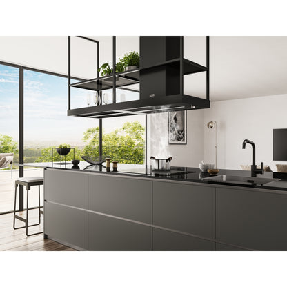 Campana de isla Franke negra mate con estantería suspendida de 180 cm ancho