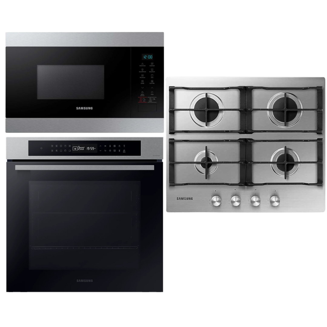 Combo Samsung acero inoxidable: horno con vapor, microondas empotrable y anafe a gas