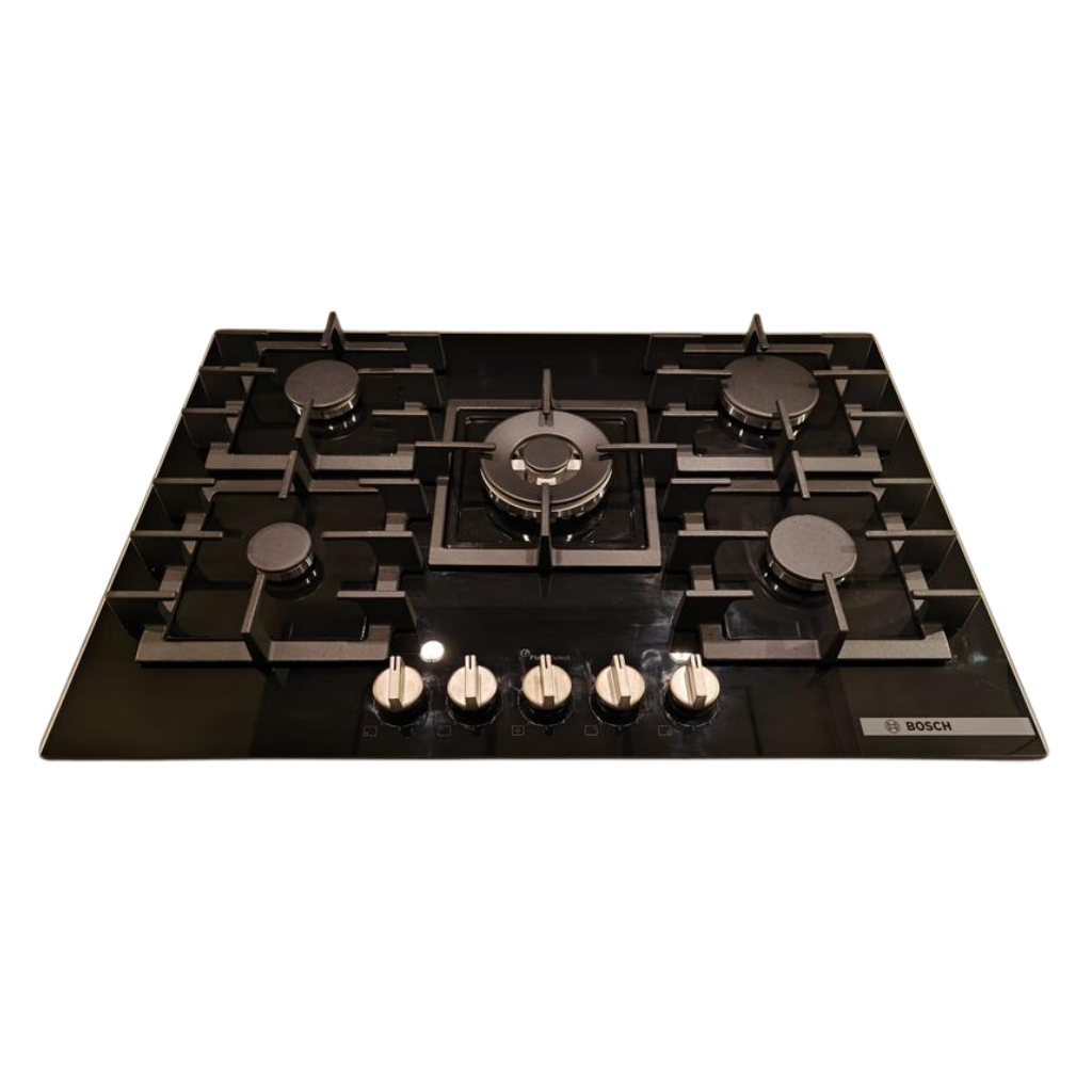 Anafe a Gas Bosch PPQ7A6I40 Serie 6 75cm | 5 Hornallas FlameSelect Vidrio Negro con Wok