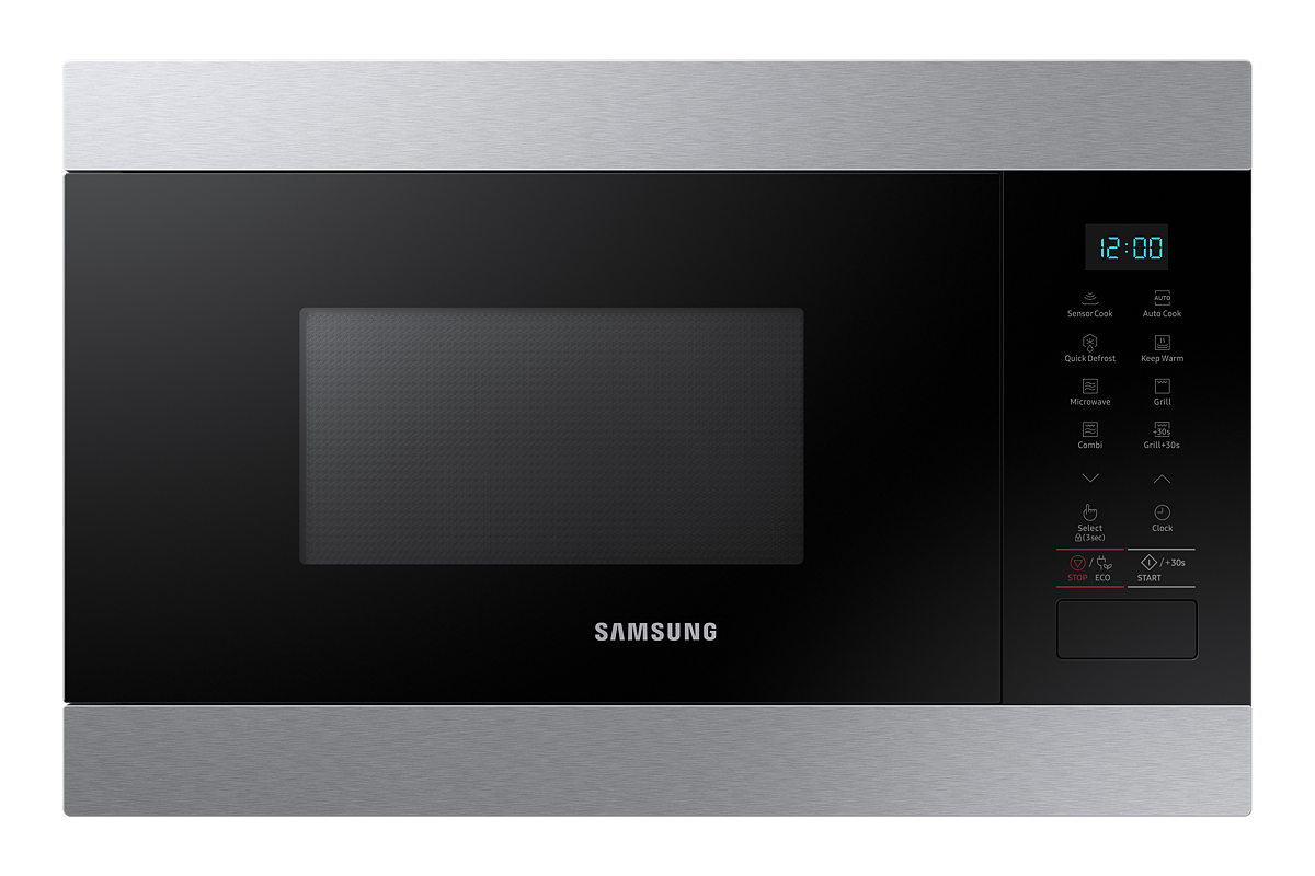 Combo Samsung horno microondas torre y anafe vidrio negro sobre mesada cocina
