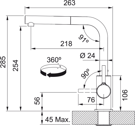 Plano técnico de instalación del grifo Franke Lina L Pull Out