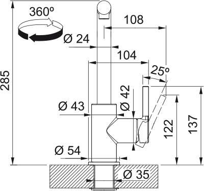 Dibujo técnico con medidas del grifo Franke Lina L Pull Out