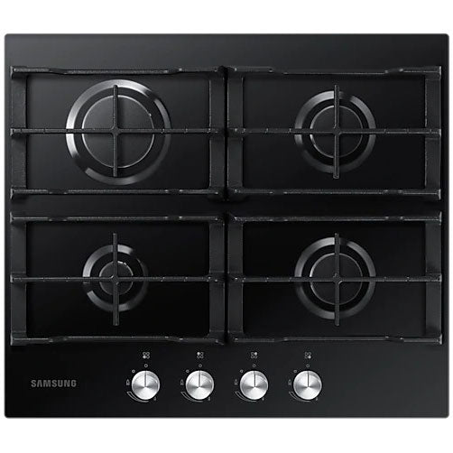 Combo Samsung horno microondas torre y anafe vidrio negro sobre mesada cocina
