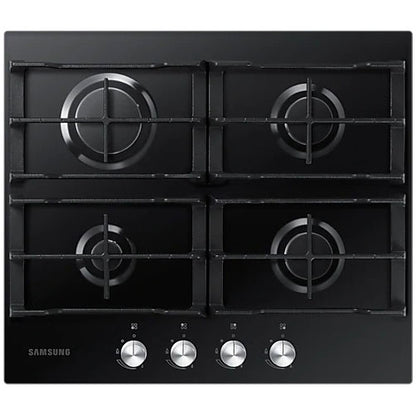 Combo Samsung horno microondas torre y anafe vidrio negro sobre mesada cocina