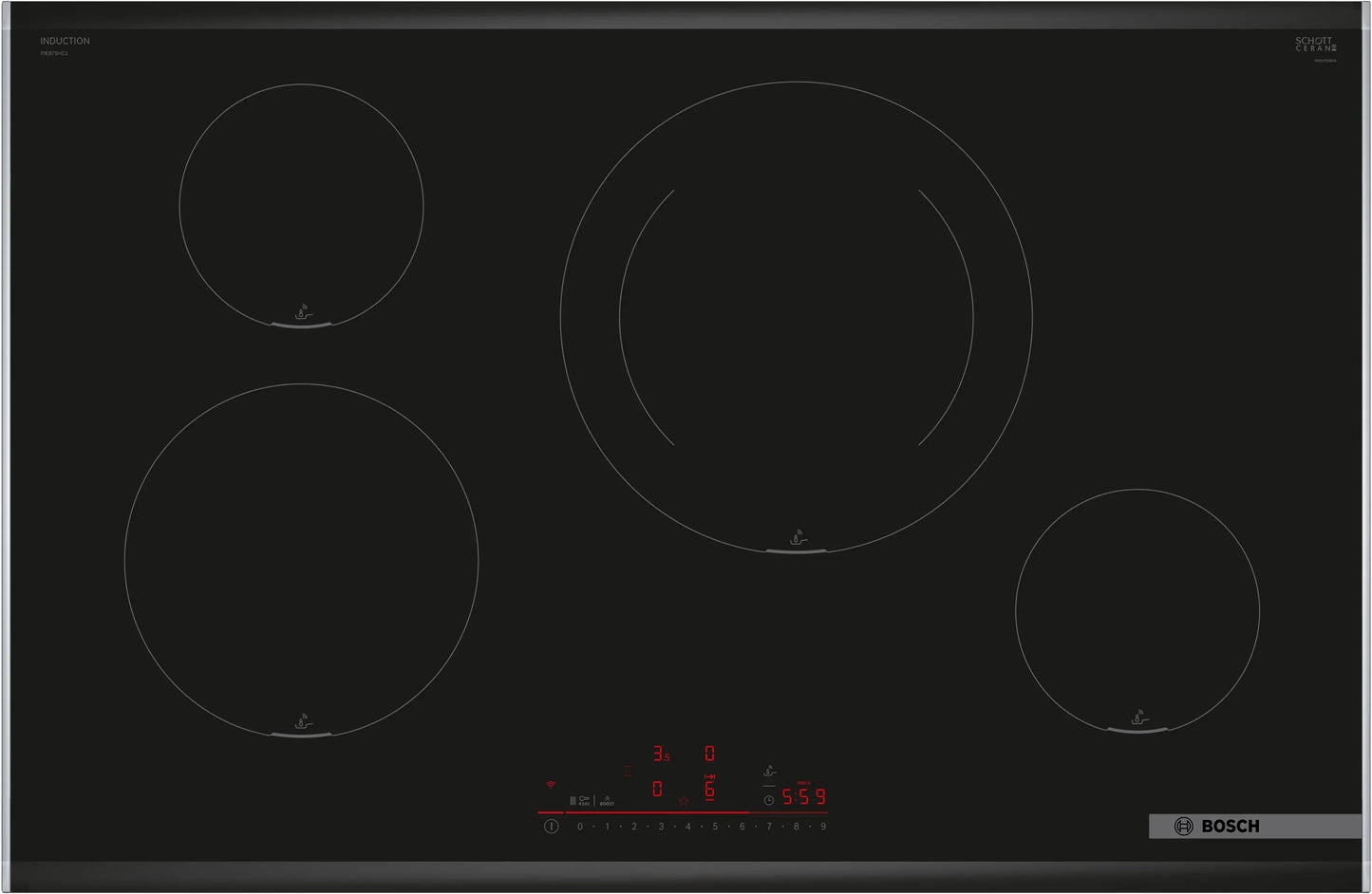 Anafe de inducción Bosch PIE875HC1E Serie 6 de 80 cm con marco diseño profesional, 4 zonas FlexInduction y cristal negro