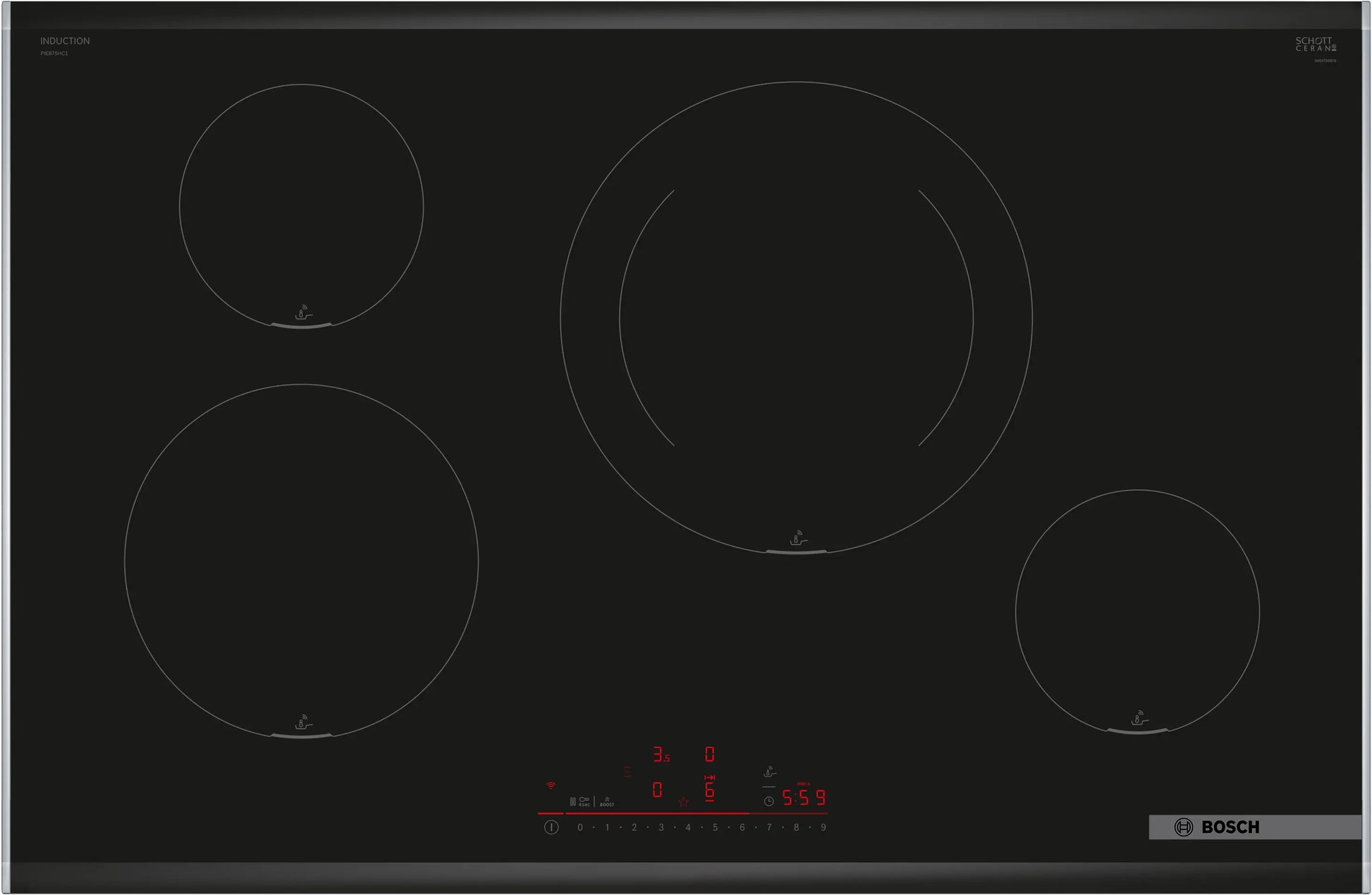 Anafe de inducción Bosch PIE875HC1E Serie 6 de 80 cm con marco diseño profesional, 4 zonas FlexInduction y cristal negro