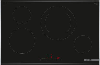 Anafe de inducción Bosch PIE875HC1E Serie 6 de 80 cm con marco diseño profesional, 4 zonas FlexInduction y cristal negro