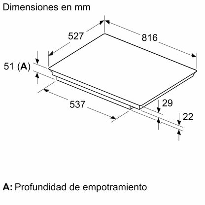 Dimensiones técnicas del aparato Bosch PIE875HC1E de 80 cm con marco de aluminio incluido
