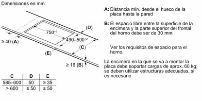 Medidas de encastre del anafe inducción Bosch PIE875HC1E de 80 cm, plano técnico de instalación sin extracción