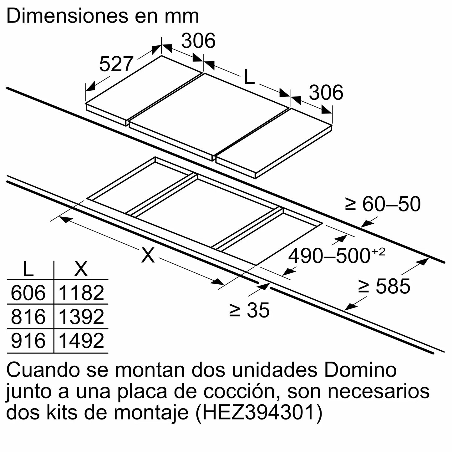 Plano de cortes para encastre del anafe Bosch PKF375FP2E