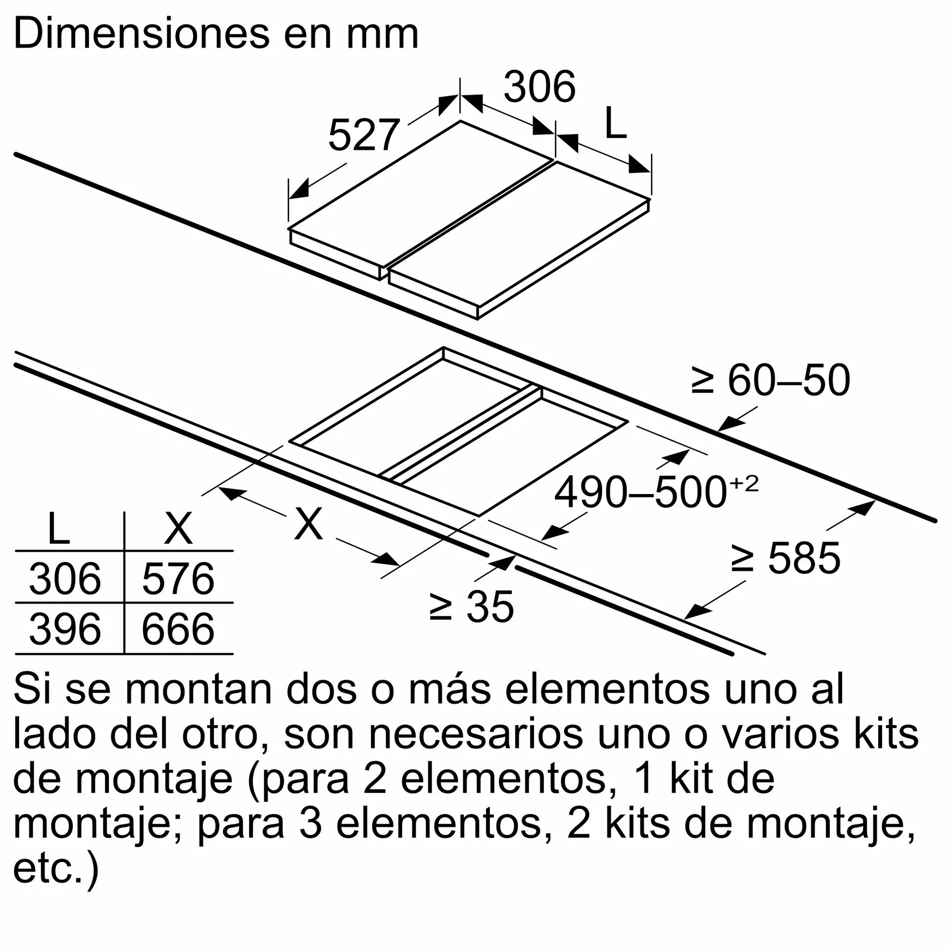 Esquema de instalación del anafe Bosch PKF375FP2E