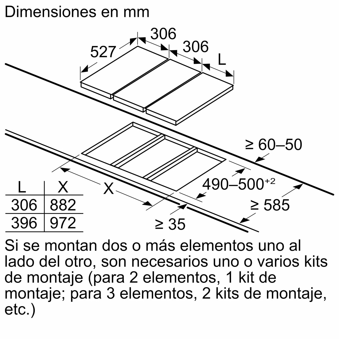 Vista lateral con dimensiones del anafe Bosch PKF375FP2E