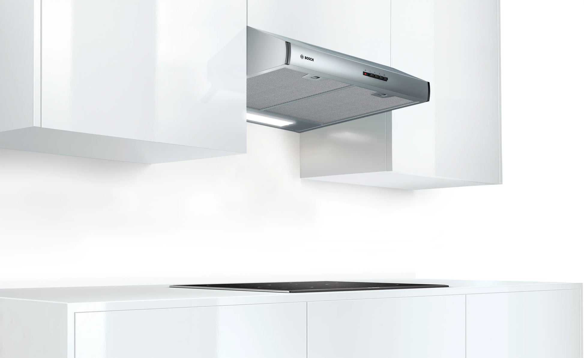 Vista en perspectiva de la campana Bosch DUL63CC55 con filtros antigrasa