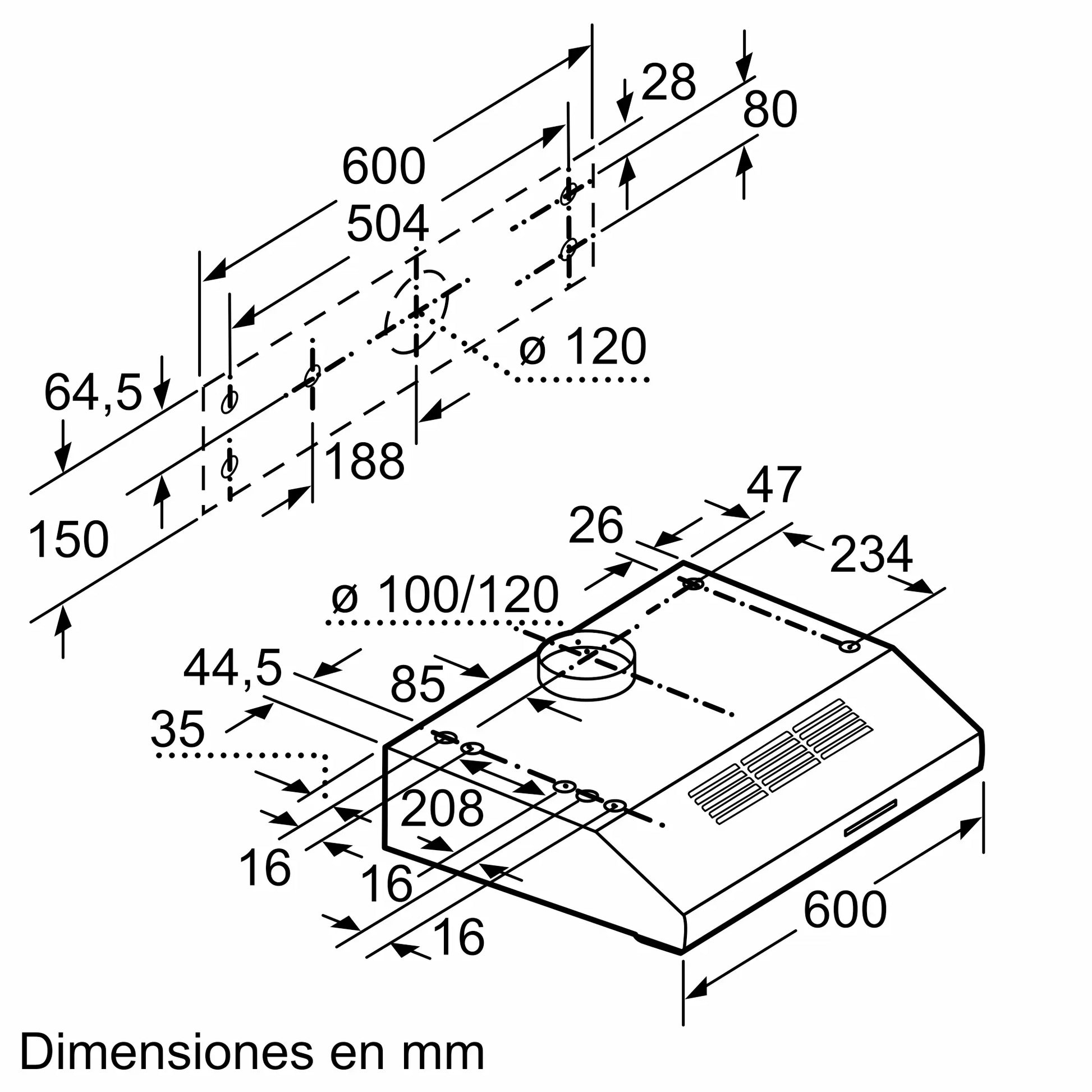 Plano de instalación bajo mueble de la campana Bosch DUL63CC55
