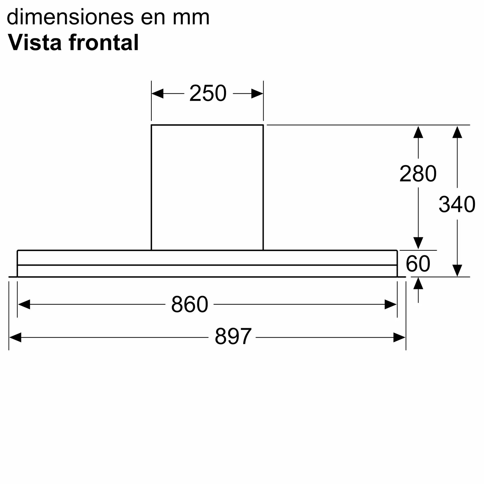 Dimensiones frontales del aparato Bosch DBB97AM60 de 90 cm