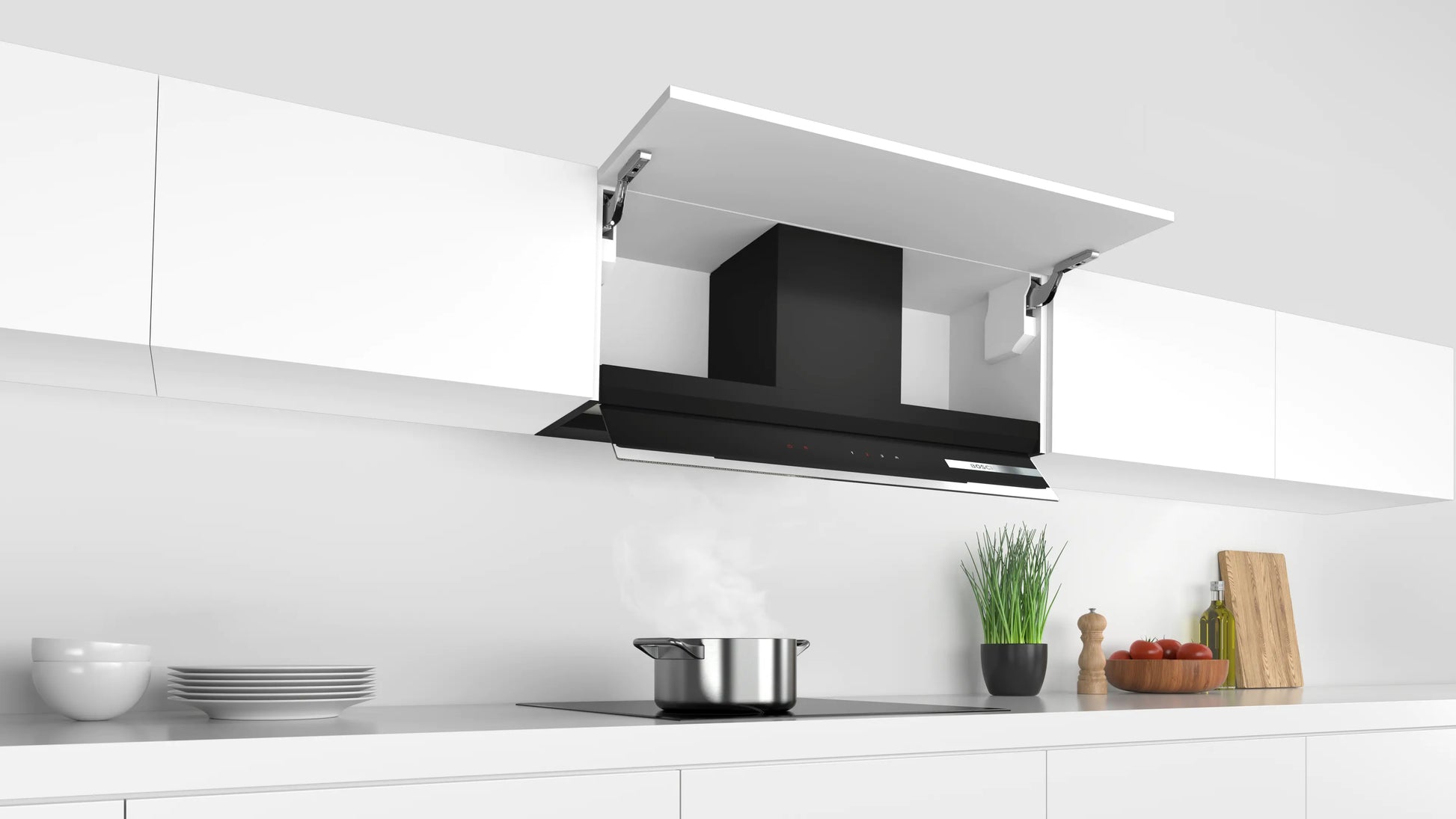 Campana integrable Bosch DBB97AM60 instalada en cocina con cristal negro y TouchSelect