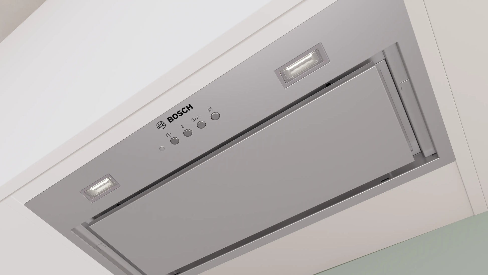 Vista en perspectiva de la campana Bosch DLN56AC50 con filtros antigrasa