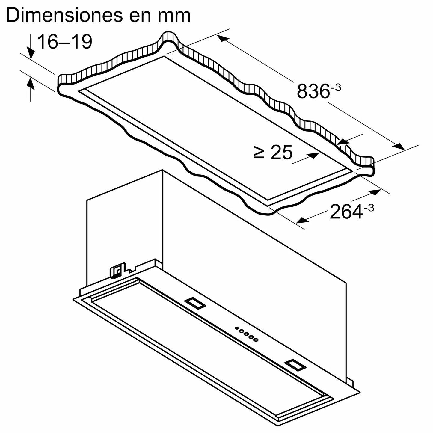 Plano de instalación de la campana Bosch DLN88PC60 de 86 cm