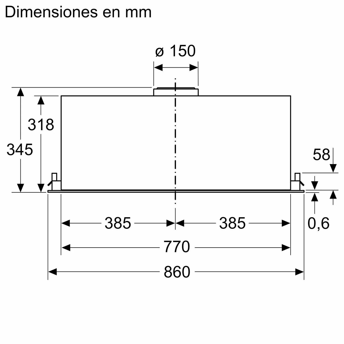 Vista frontal con medidas de la campana Bosch DLN88PC60 de 86 cm