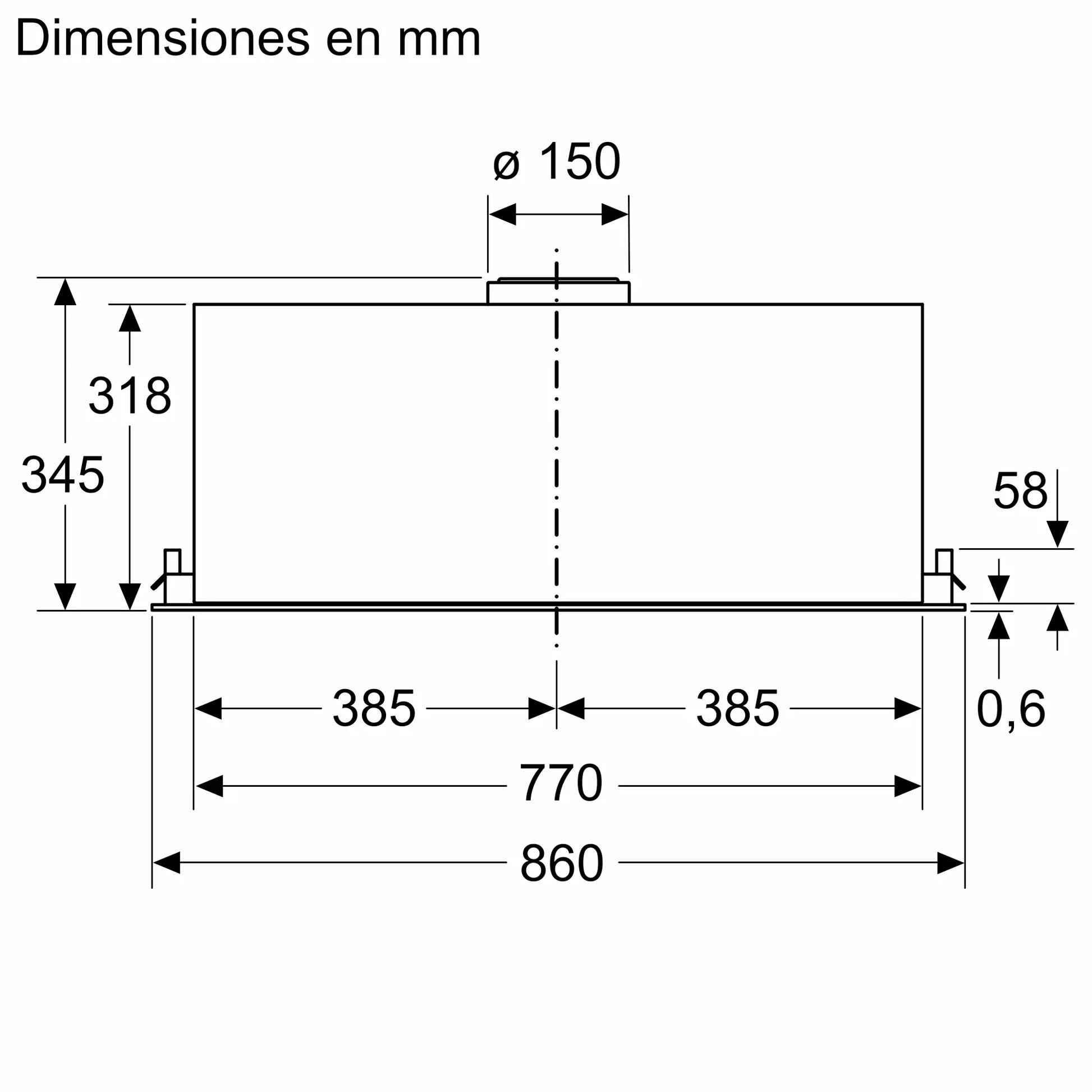 Vista frontal con medidas de la campana Bosch DLN88PC60 de 86 cm