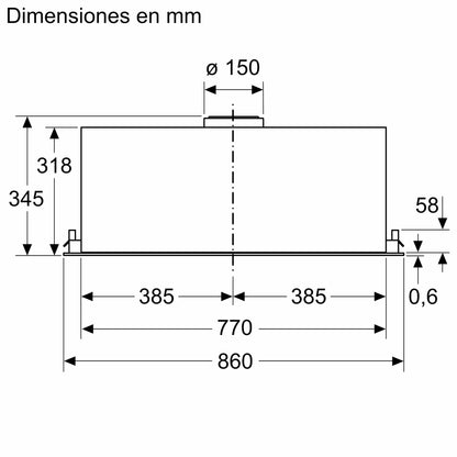 Vista frontal con medidas de la campana Bosch DLN88PC60 de 86 cm
