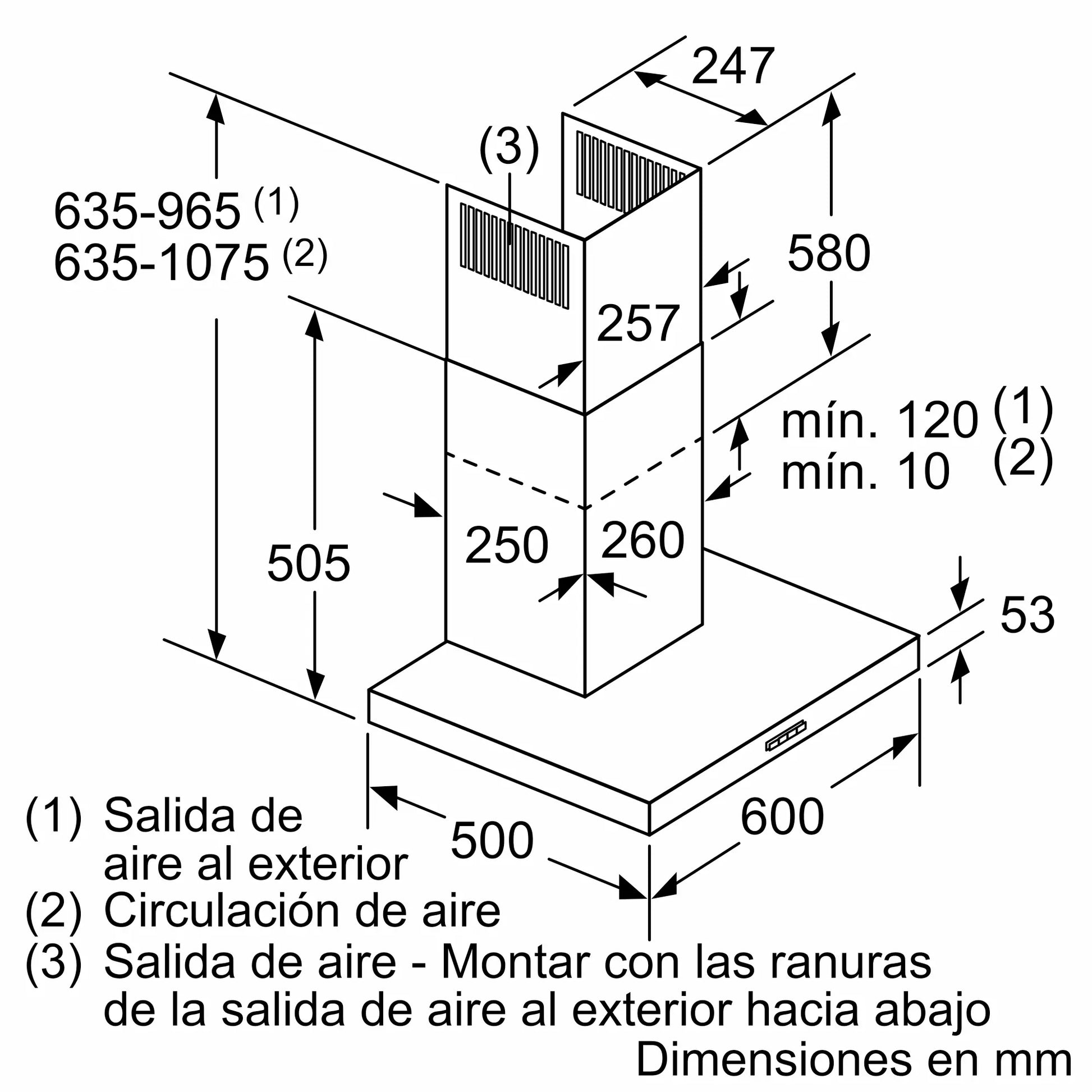Plano de dimensiones de la campana Bosch DWB66BC50 de 60 cm