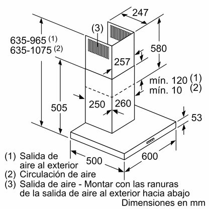Plano de dimensiones de la campana Bosch DWB66BC50 de 60 cm