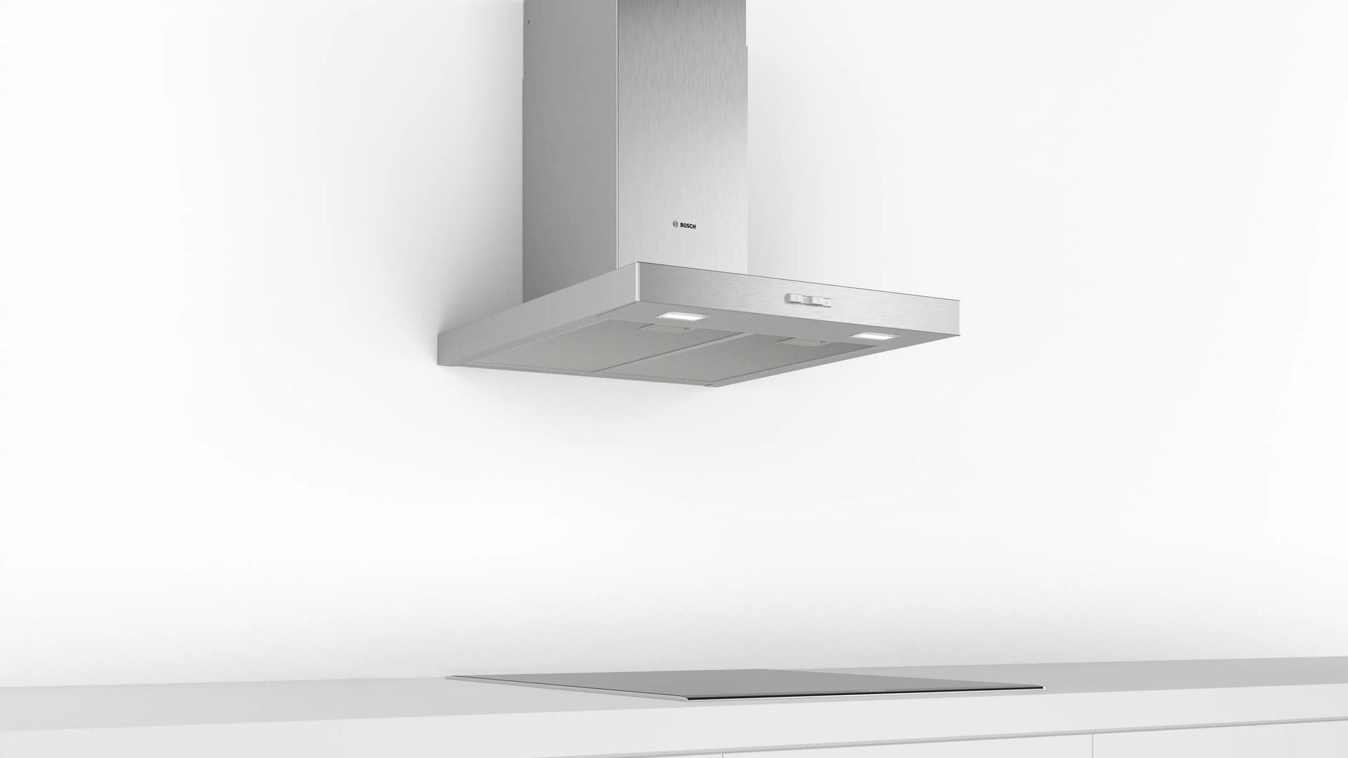 Vista lateral de la campana Bosch DWB66BC50 mostrando diseño tipo box en acero