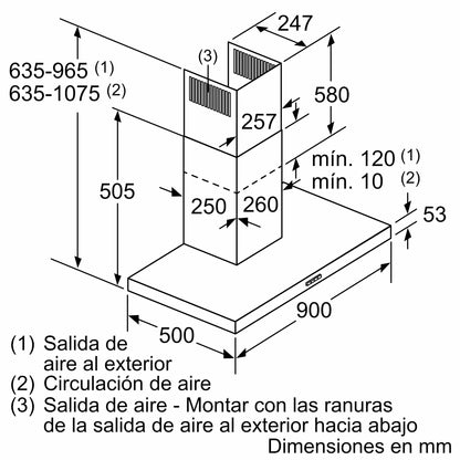 Plano principal de medidas de la campana Bosch DWB96BC50 90 cm