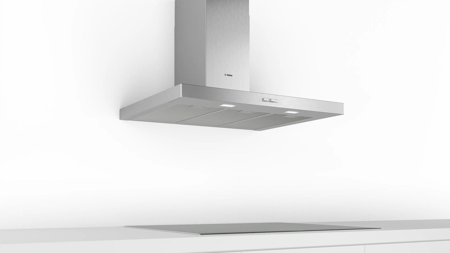 Vista lateral de la campana Bosch DWB96BC50 mostrando diseño tipo box acero 90 cm