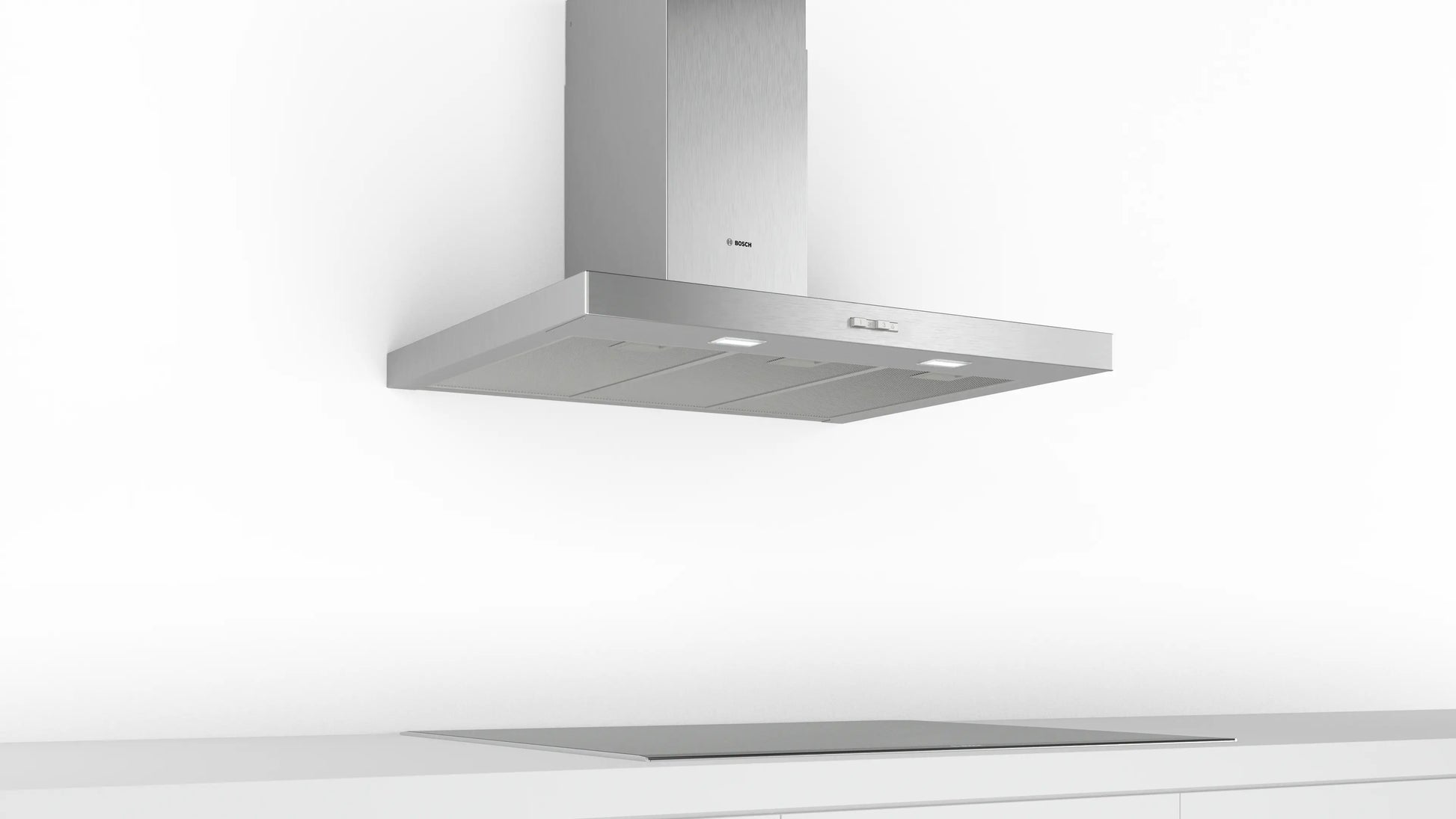 Vista lateral de la campana Bosch DWB96BC50 mostrando diseño tipo box acero 90 cm