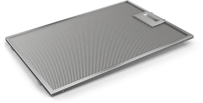 Vista en perspectiva de la campana Bosch DWB96BC60 con filtros antigrasa