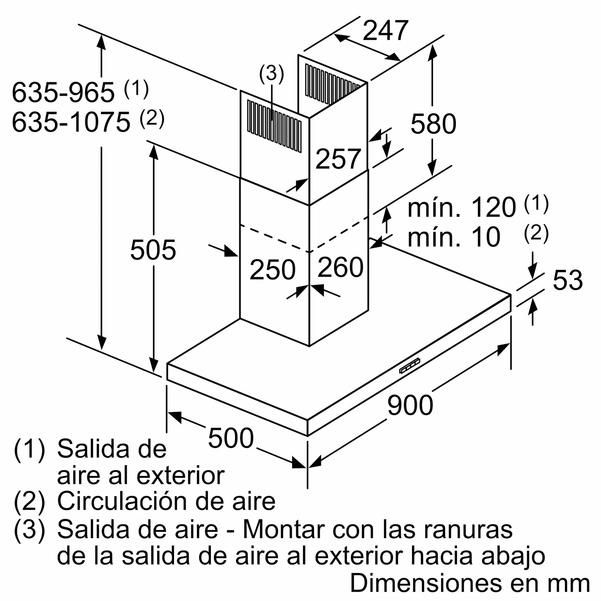 Plano de medidas de la campana Bosch DWB96BC60 de 90 cm