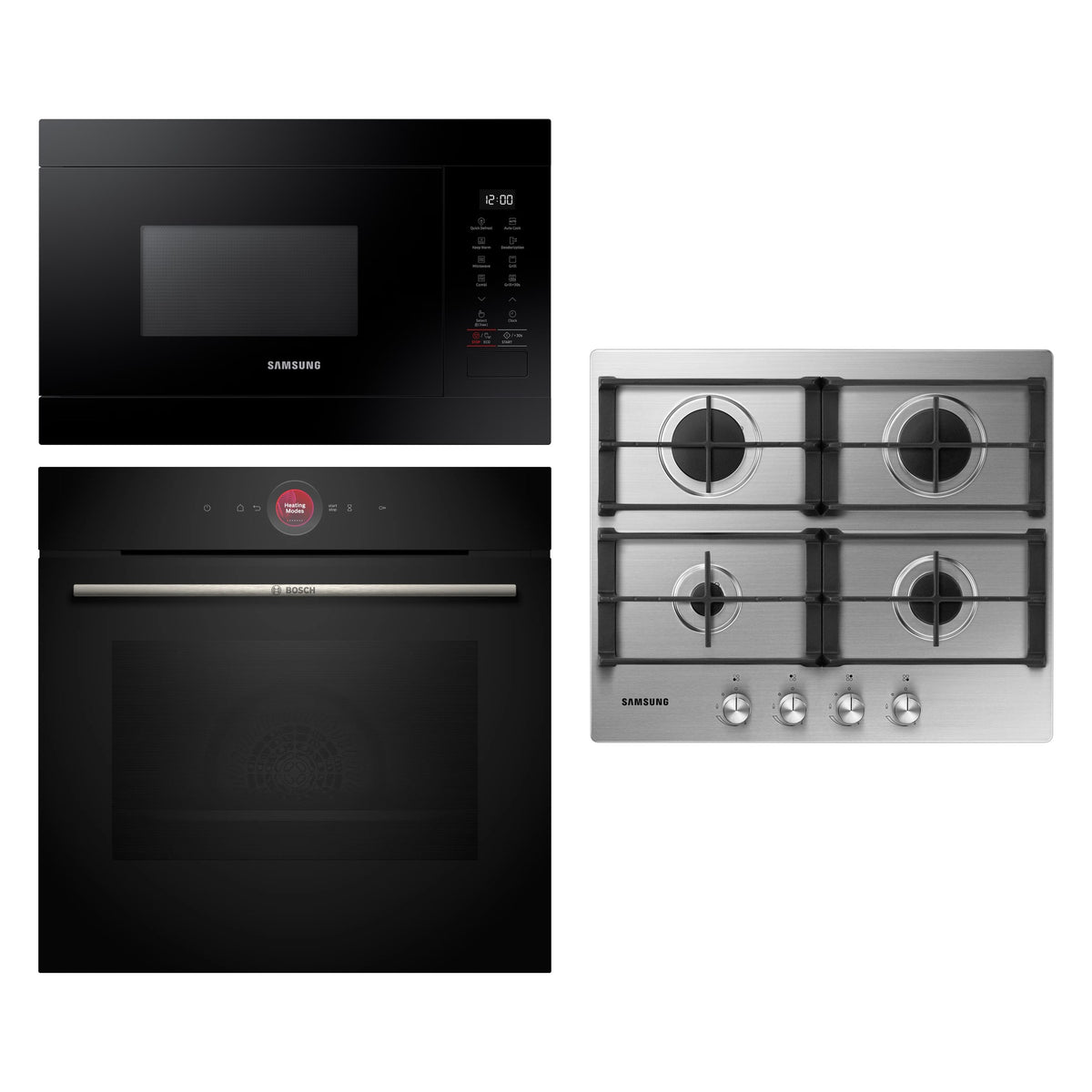 Combo Bosch + Samsung: Horno Serie 8 HBG724AB1 con Airfry + Microondas Samsung Negro + Anafe a Gas Samsung Acero